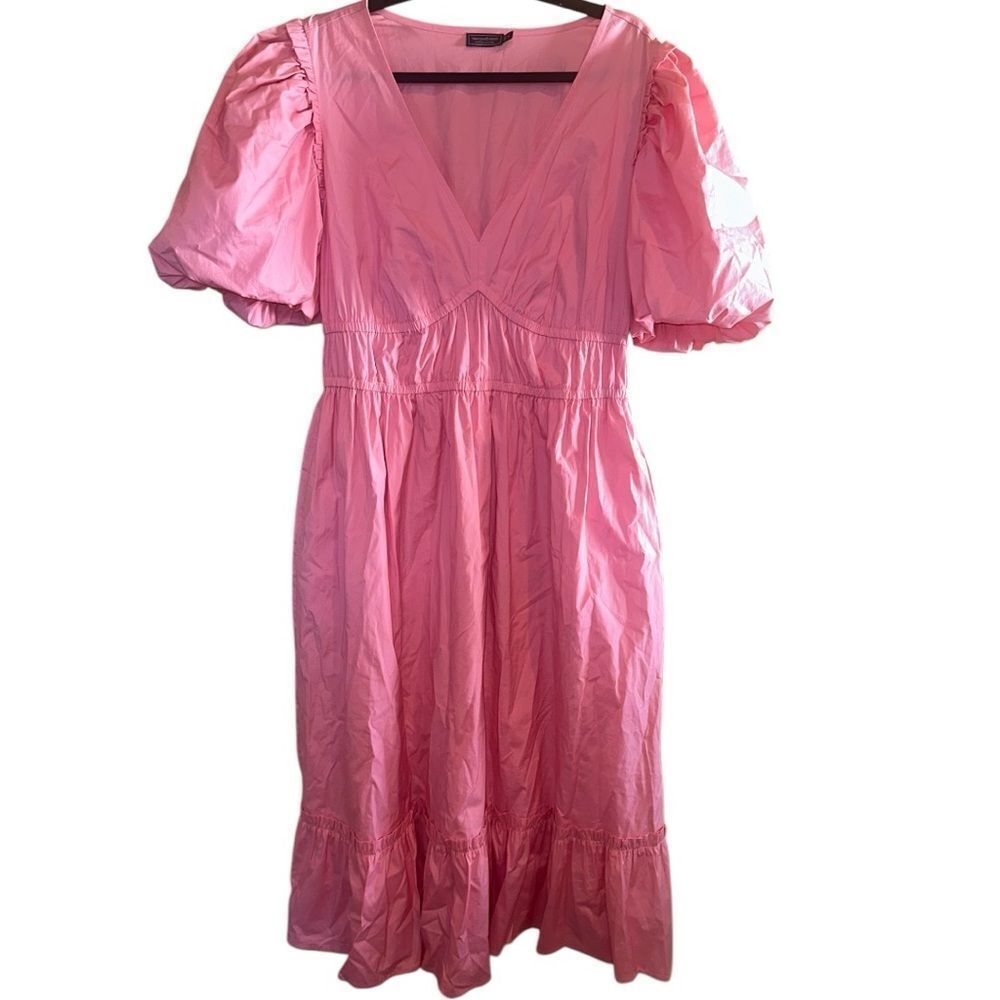 Vineyard Vines Palm Beach V Neck Poplin Balloon Sleeve Ruffle Midi Dress Size L